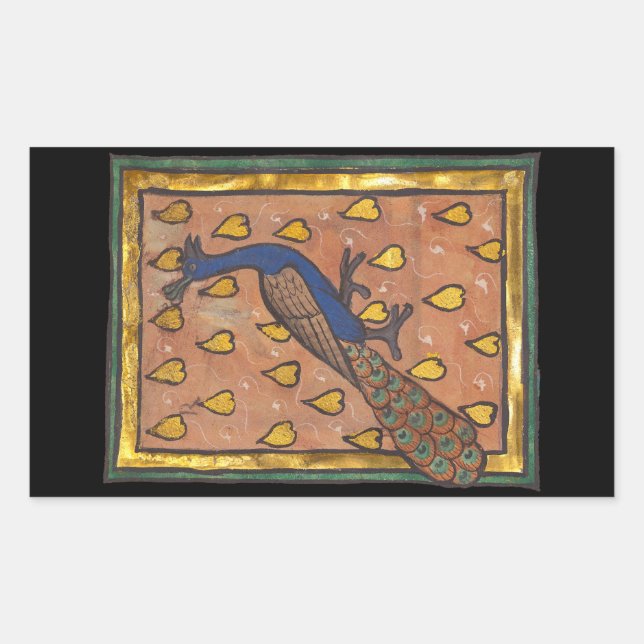 Pegatina Rectangular Pavo real del bestiario medieval c. 1270 (Anverso)