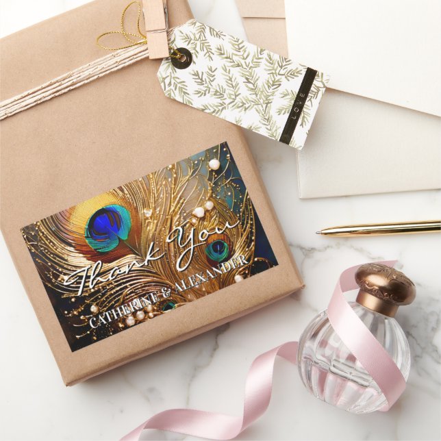 Pegatina Rectangular Peacock thank you wedding feathers plumage (Regalar)