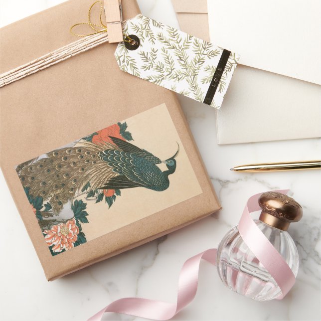 Pegatina Rectangular Peacock y peonías de Hiroshige, arte japonés (Regalar)