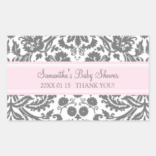Pegatina Rectangular Pegatinas Baby Shower Favorito de Damask Gris Rosa