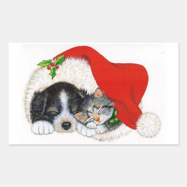 Pegatina Rectangular Pegatinas/Cachorros de Navidad y Gatitos (Anverso)