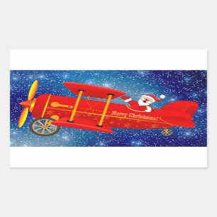 Pegatina Rectangular Pegatinas de Biplane Santa Flying