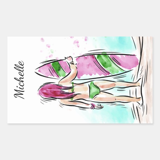 Pegatina Rectangular Pegatinas de Chica de surfistas de nombre personal (Anverso)