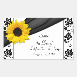 Pegatina Rectangular Pegatinas de la boda Sunflower Black White Damask
