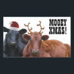 Pegatina Rectangular Pegatinas de Mooey Merry Christmas Cows<br><div class="desc">¡Dale una bofetada a este lindo pegatina de vacaciones en cualquier parte que añades un poco de humor! ¡Un par de animales de guerra están vestidos con disfraces de Navidad para llevar a tus amigos y familia al Navidad Moooood! El ángel negro lleva puesto un sombrero de santa roja, y...</div>