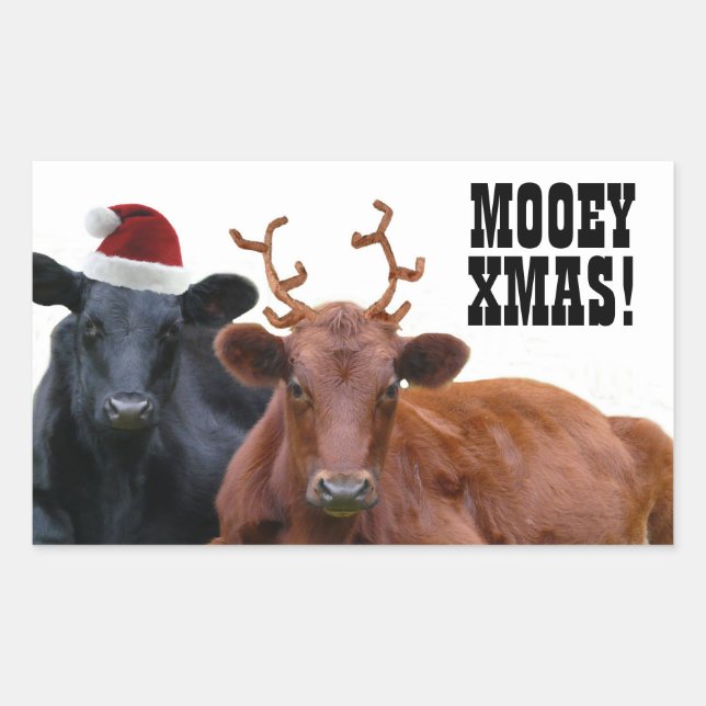 Pegatina Rectangular Pegatinas de Mooey Merry Christmas Cows (Anverso)