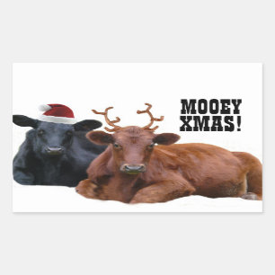 Pegatina Rectangular Pegatinas de Mooey Merry Christmas Cows