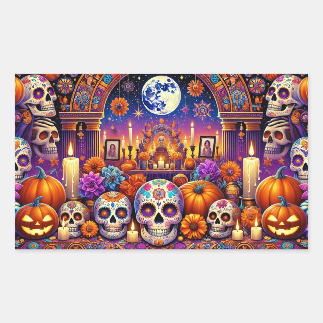 Pegatina Rectangular Pegatinas Día de Halloween de los muertos (Anverso)