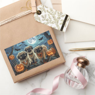 Pegatina Rectangular Pekinés Halloween Espeluznante