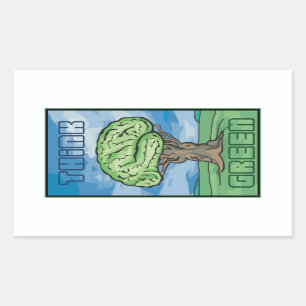 Pegatina Rectangular Pensar en el cerebro verde