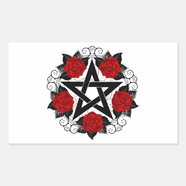 Pegatina Rectangular Pentagram con rosas rojas (Anverso)