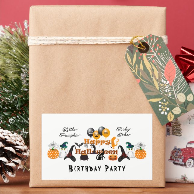 Pegatina Rectangular Pequeña Calabaza Feliz Fiesta de Halloween Globo F (Vacaciones)