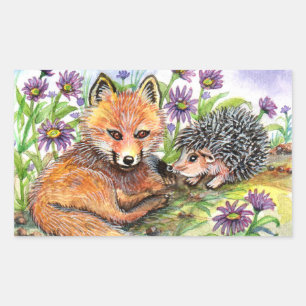Pegatina Rectangular Pequeño Zorro Y Hedgehog