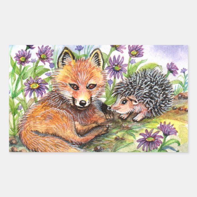 Pegatina Rectangular Pequeño Zorro Y Hedgehog (Anverso)