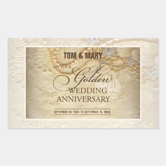 Pegatina Rectangular Perlas personalizables para aniversario de bodas n (Anverso)