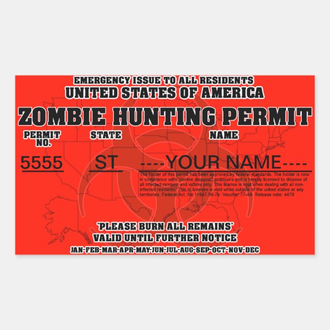 Pegatina Rectangular Permiso de caza de zombis (Anverso)