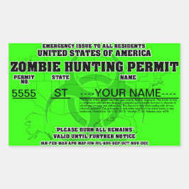 Pegatina Rectangular Permiso de caza de zombis (verde brillante)