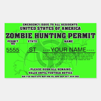 Pegatina Rectangular Permiso de caza de zombis (verde brillante)