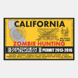 Pegatina Rectangular Permiso de caza zombi California