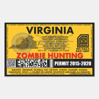 Pegatina Rectangular Permiso de caza zombi Virginia
