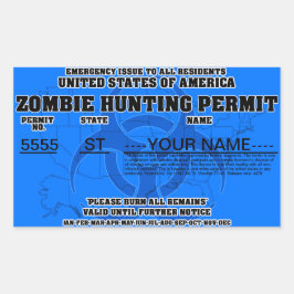 Pegatina Rectangular Permiso de la caza del zombi (azul)