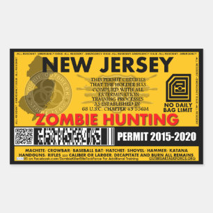 Pegatina Rectangular Permiso New Jersey de la caza del zombi