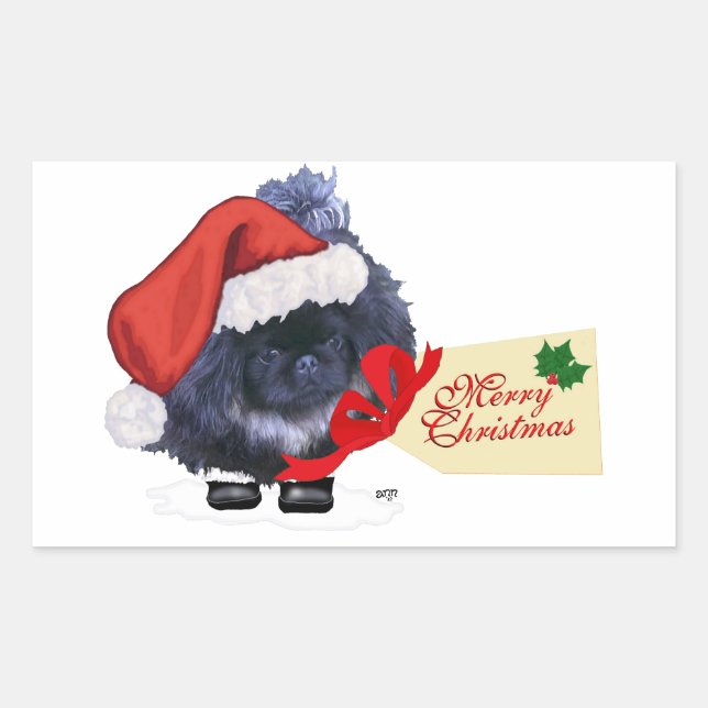 Pegatina Rectangular Perrito de Pekín Navidad (Anverso)