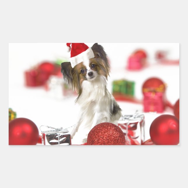 Pegatina Rectangular Perrito Papillon Lindo Sombrero de Santa de Navida (Anverso)