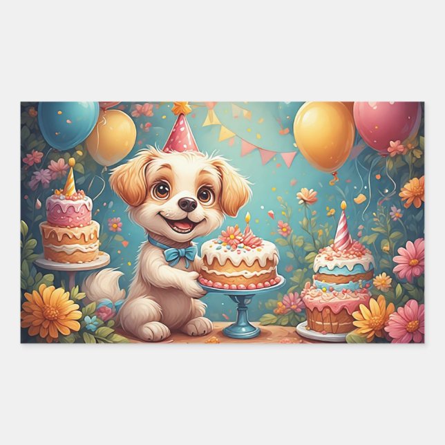 Pegatina Rectangular Perro Alegre Celebrando un Cumpleaños Festivo (Anverso)