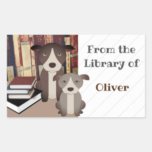 PEGATINA RECTANGULAR PERRO BIBLIOTECA. LIBROS. PERROS CUIDADOS. NOMBRE 
