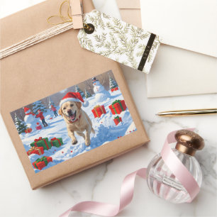 Pegatina Rectangular Perro de Labrador corre en nieve con Gorra de Navi