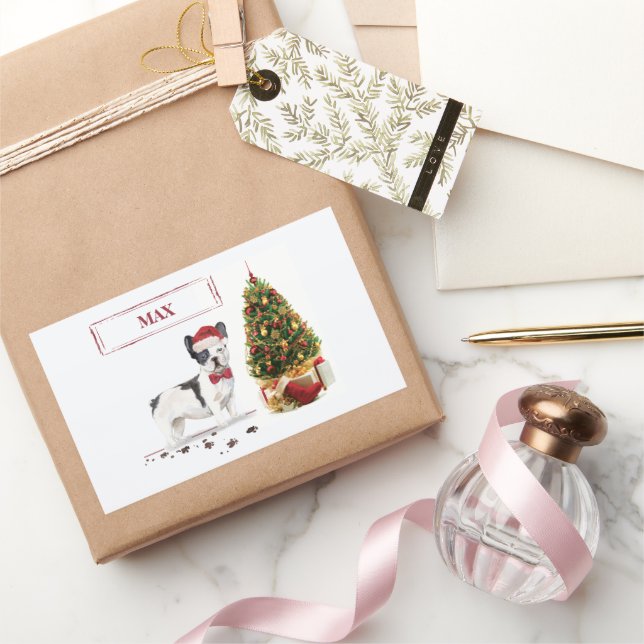 Pegatina Rectangular Perro de los Navidades de Bulldog blanco y negro d (Regalar)