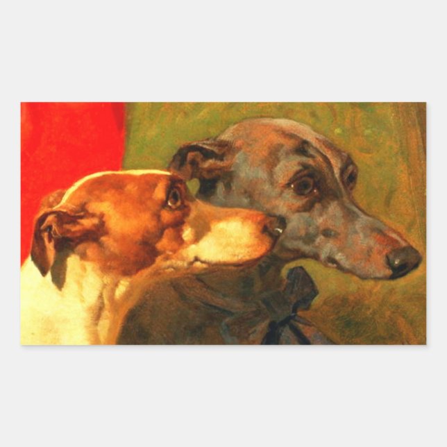 Pegatina Rectangular PERRO DE MINIATURA VICTORIANA RETRATA Greyhounds (Anverso)