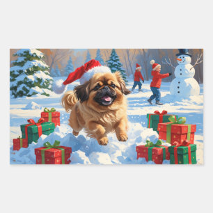 Pegatina Rectangular Perro pekingés corre en nieve con Gorra de Navidad