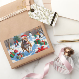 Pegatina Rectangular Perro Pitbull corriendo en Nieve con Gorra de Navi