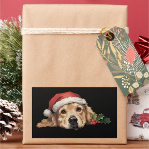 Pegatina Rectangular Perro Retriever Dorado Navidad Sombrero Santa Perr