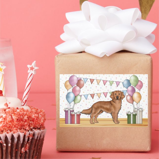 Pegatina Rectangular Perro Retriever Dorado Rojo Cumpleaños Pastel Colo (Fiesta)