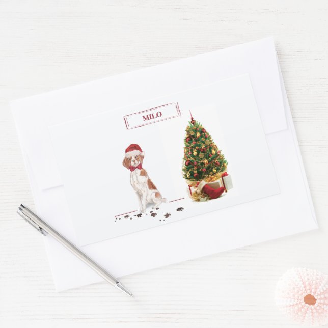 Pegatina Rectangular Perro y árbol de Navidades divertidos de Bretaña (Sobre)