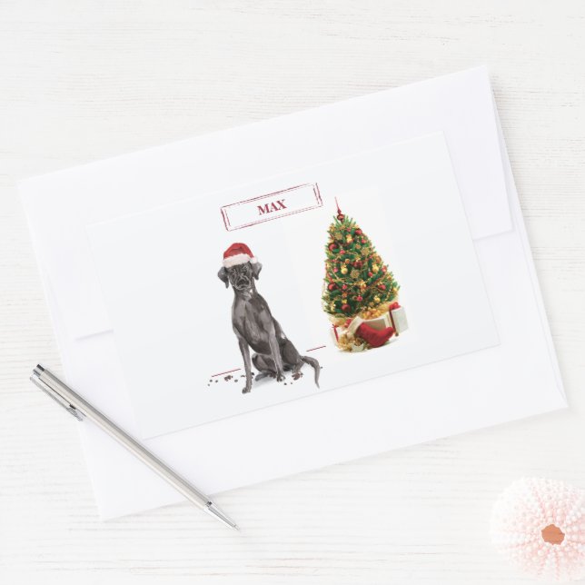Pegatina Rectangular Perro y árbol graciosos de Black Lab Navidades (Sobre)