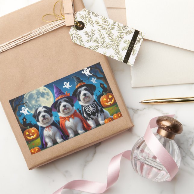 Pegatina Rectangular Perros de oveja ingleses antiguos calabaza Hallowe (Regalar)