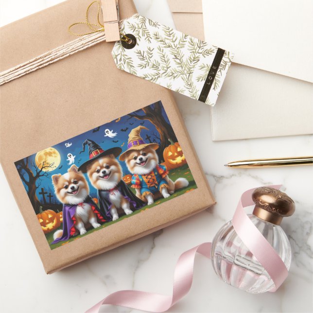 Pegatina Rectangular Perros de Pomerania Calabaza Halloween Gracioso (Regalar)