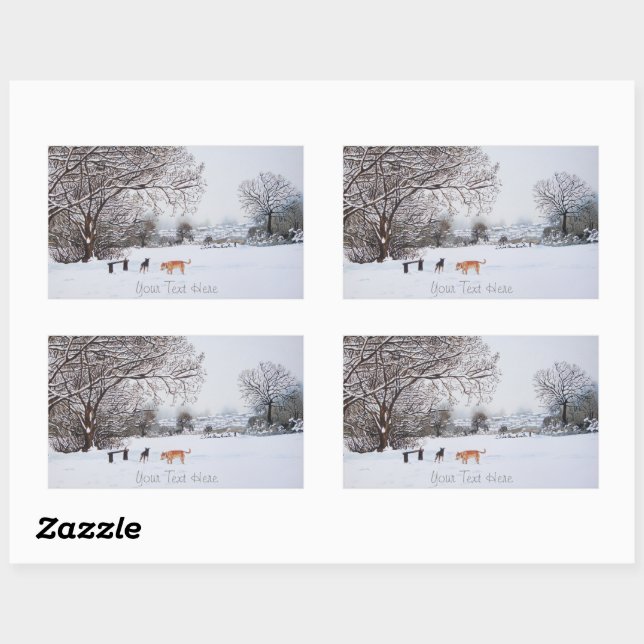Pegatina Rectangular perros jugando con el paisaje de la nieve del invi (Hoja)