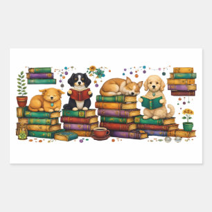 Pegatina Rectangular Perros leyendo libros Escena de biblioteca acogedo