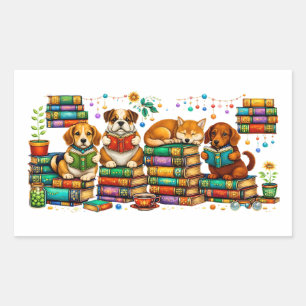 Pegatina Rectangular Perros leyendo libros escena de biblioteca acogedo