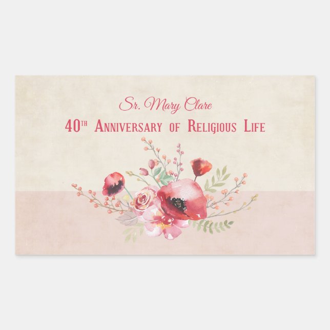 Pegatina Rectangular Personalice, 40º aniversario monja, rosa y (Anverso)