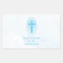 Pegatina Rectangular Personaliza, Cruz de Primera Comunión Niño Azul
