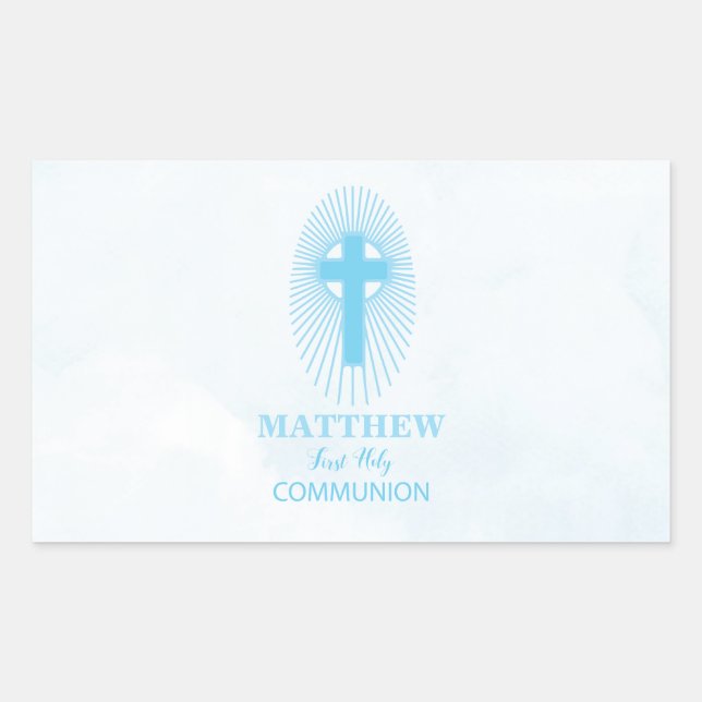 Pegatina Rectangular Personaliza, Cruz de Primera Comunión Niño Azul (Anverso)