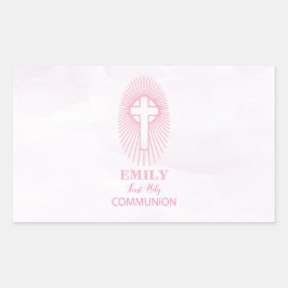 Pegatina Rectangular Personaliza, Cruz de Primera Comunión rosa Hostia
