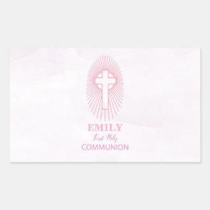 Pegatina Rectangular Personaliza, Cruz de Primera Comunión rosa Hostia