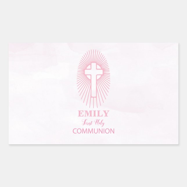 Pegatina Rectangular Personaliza, Cruz de Primera Comunión rosa Hostia (Anverso)